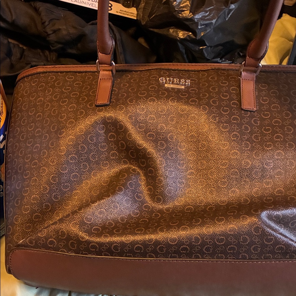 GUESS Tan and Brown Monogram Duffel Bag